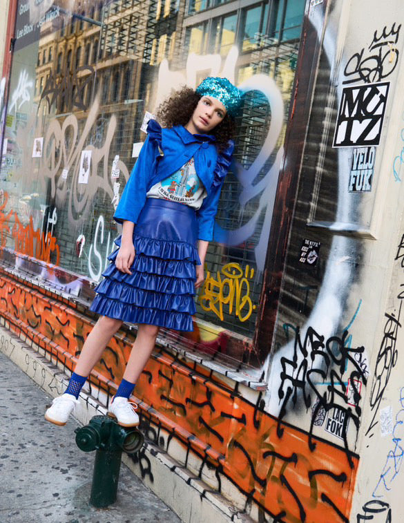 Cobalt Ruffle Leather Skirt Set