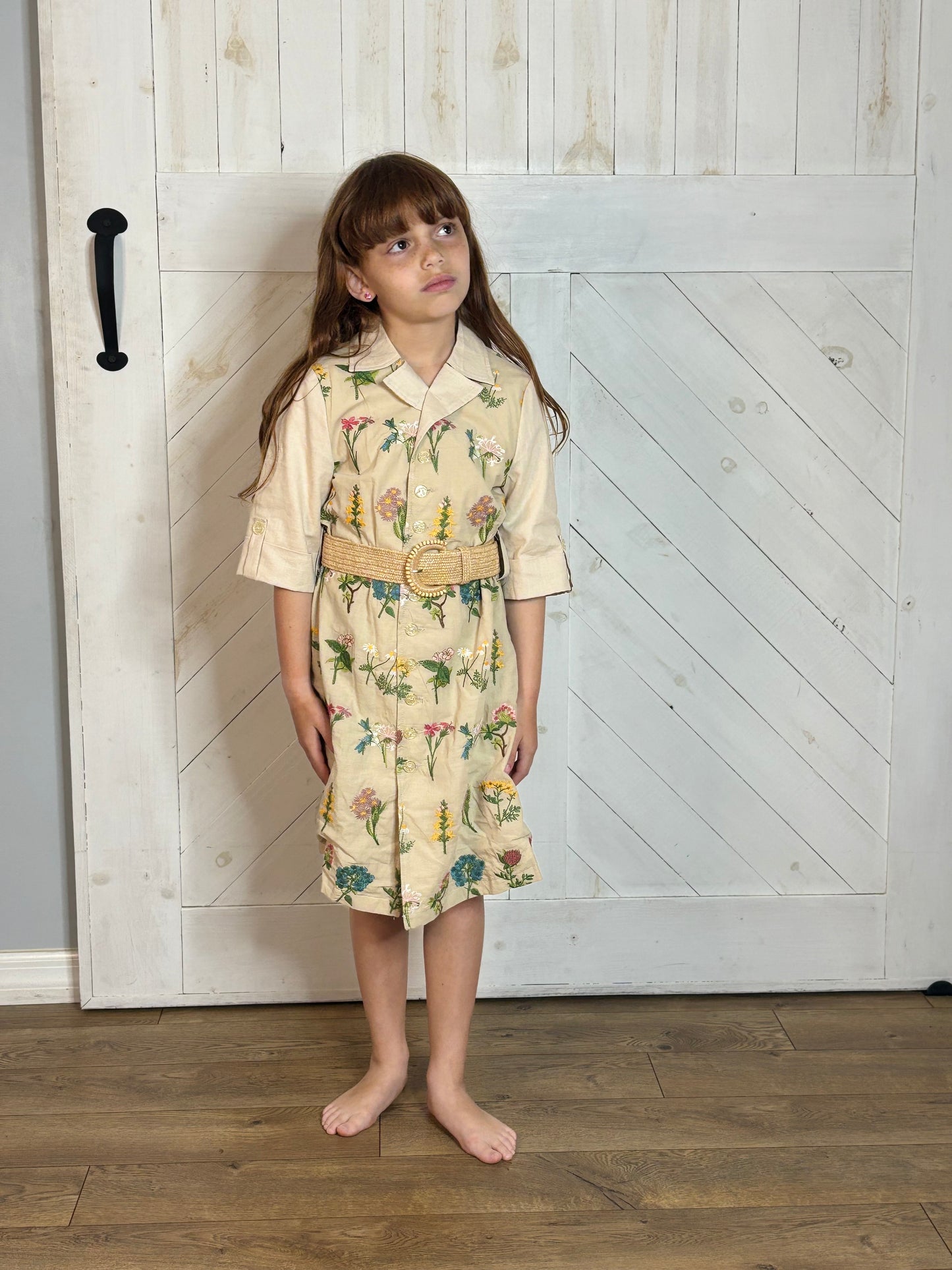 Embroidered dress w/raffia belt