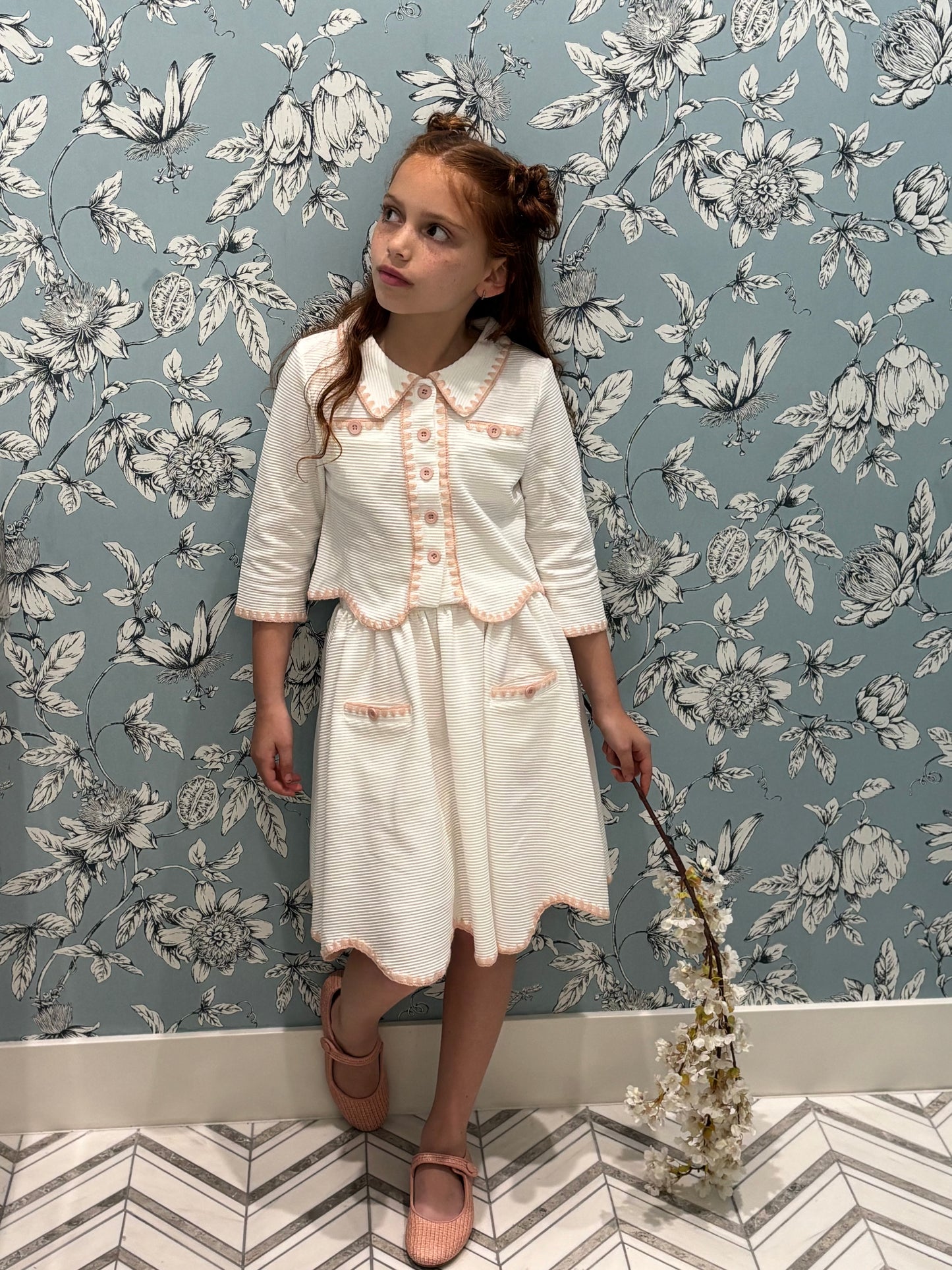 Embroidered Scalloped White Girls Set