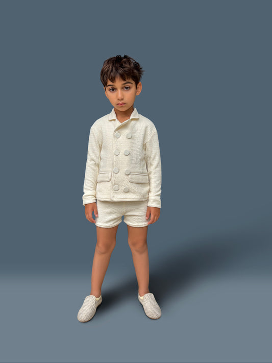 Cream Textured Knit Blazer Set_Boys