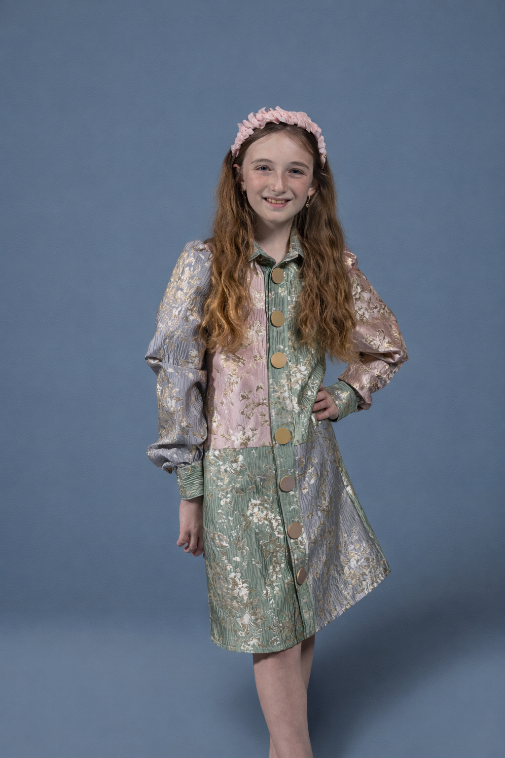 Brocade Pastel Gold Button Dress