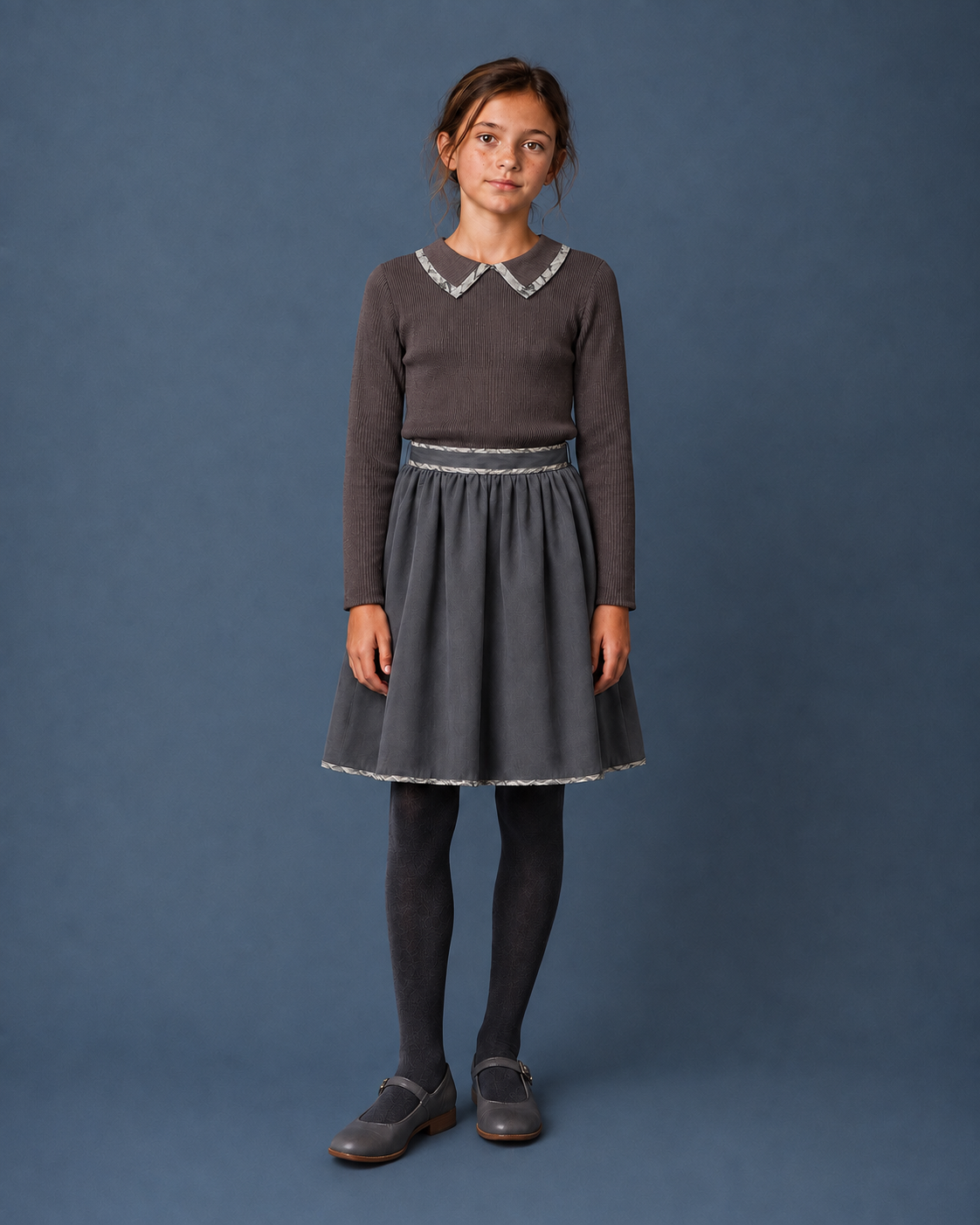 Grey Contrast Trim Collar Rib Top