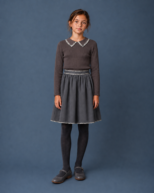 Grey Contrast Trim Collar Rib Top