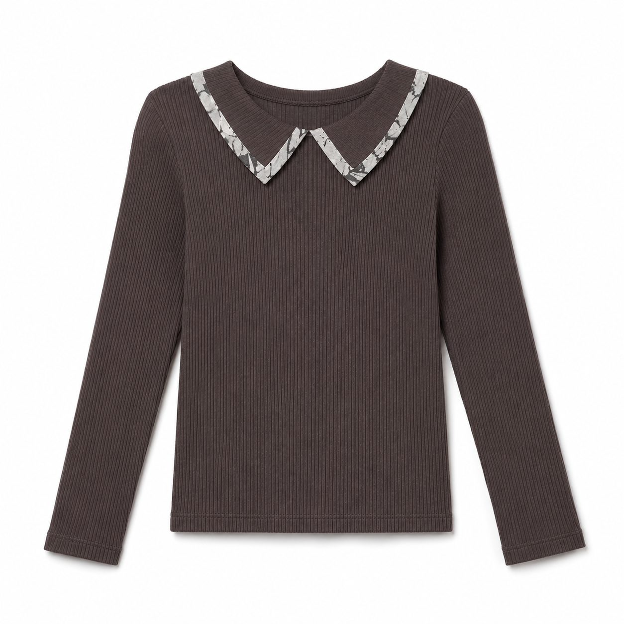 Grey Contrast Trim Collar Rib Top
