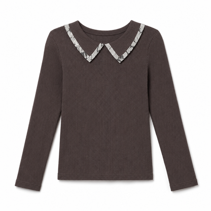 Grey Contrast Trim Collar Rib Top