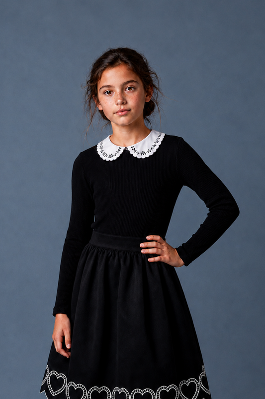 Embroidered Collar Rib Knit Top_Black