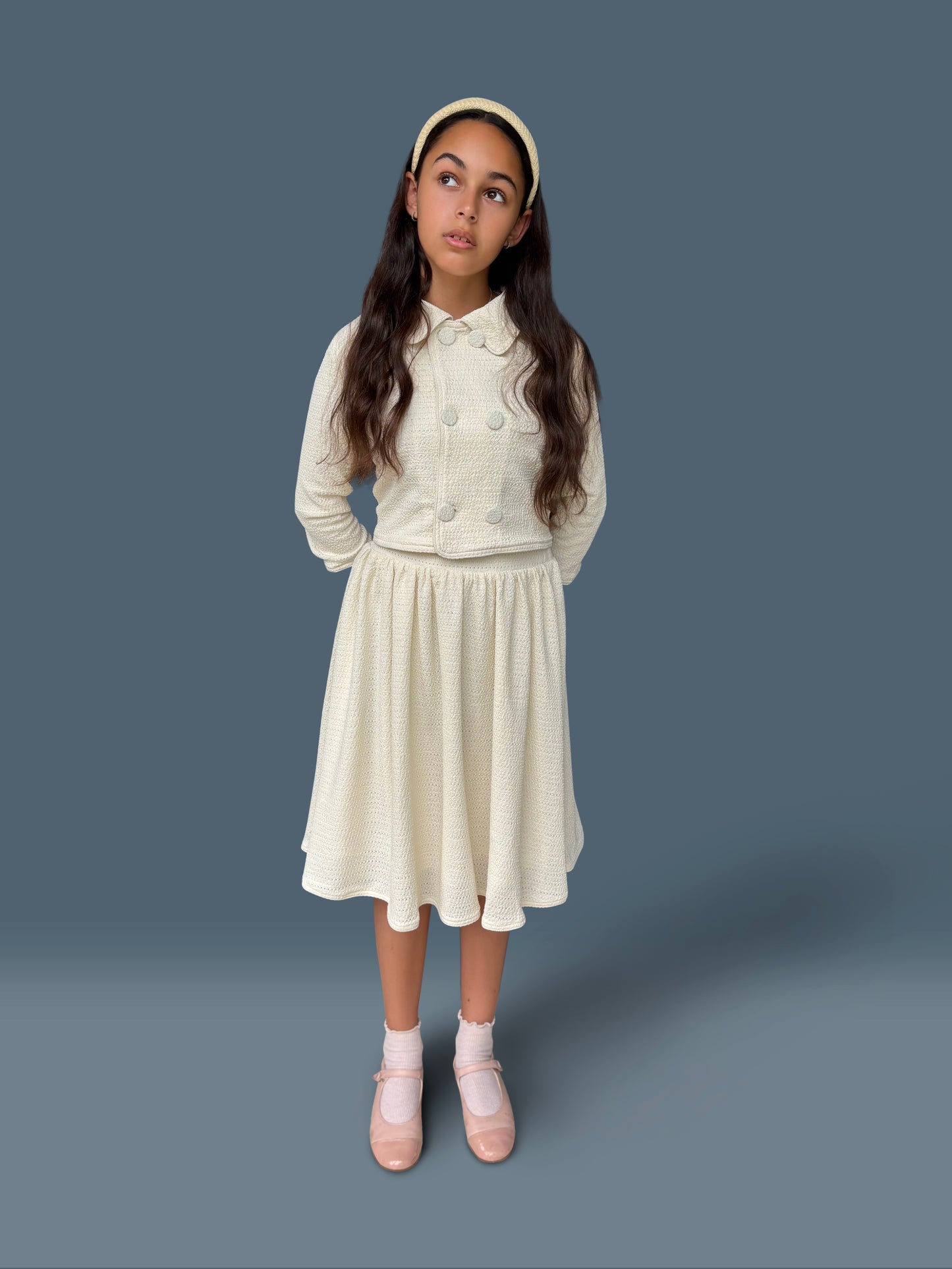 Cream Textured Knit Cropped Blazer_Girls