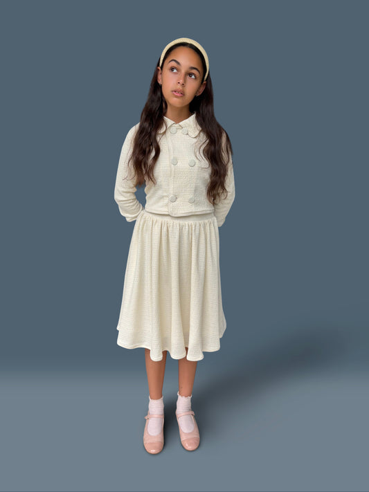 Cream Textured Knit Cropped Blazer_Girls