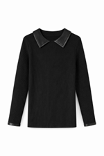 Leather Collar Rib Knit_Black